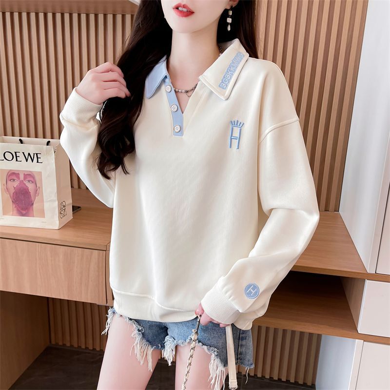 Contrast Polo Collar Sweat Women's Spring and Autumn 2025 New Loose plus size Small High-end Western Style Clothes Contrast Polo Collar Sweat Women's Spring and Autumn 2025 New Loose plus size Small High-end Western Style Clothes
