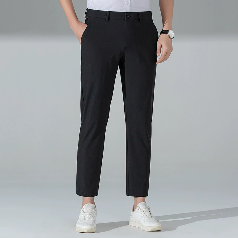 Летние мужские повседневные брюки, тонкие брюки из ледяного шелка с девятью точками, брюки в корейском стиле с защитой от солнца для молодых мужчин, антибактериальные эластичные брюки