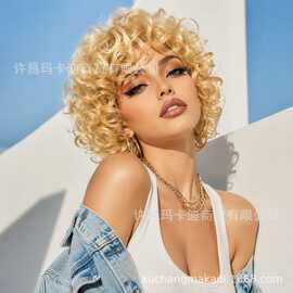 欧美外贸假发女爆款金色短卷发高温丝机织假发全头套工厂现货批发
