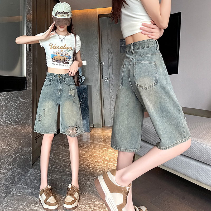 Ripped 5-Inch Straight-Leg Denim Shorts for Women, Summer Thin Trendy Pants, Loose Casual Wide-Leg Distressed Shorts Ripped 5-Inch Straight-Leg Denim Shorts for Women, Summer Thin Trendy Pants, Loose Casual Wide-Leg Distressed Shorts