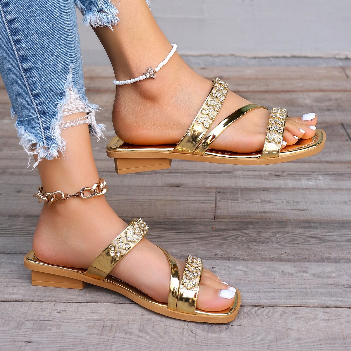 Women's Roman Style Solid Color Rhinestone Square Toe Slides Slippers display picture 5