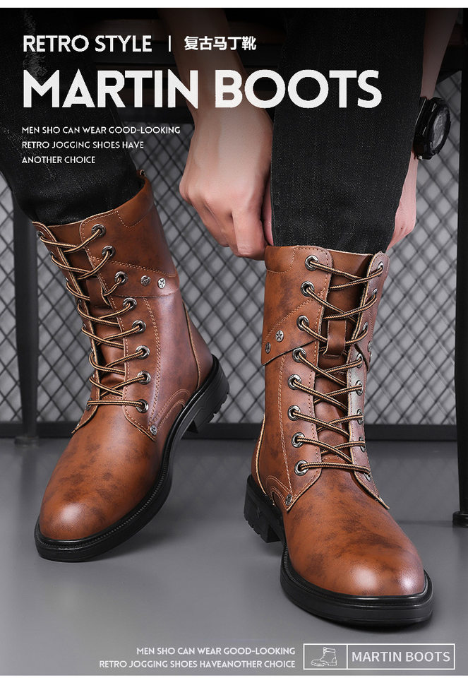 Giày bốt Martin nam cổ cao dây buộc mũi rộng phong cách denim, đế cao su chống trượt thoáng khí nhẹ nhàng — Màu nâu lót bông, Màu nâu lót da, Màu đen lót bông, Màu đen lót da chi tiết 3