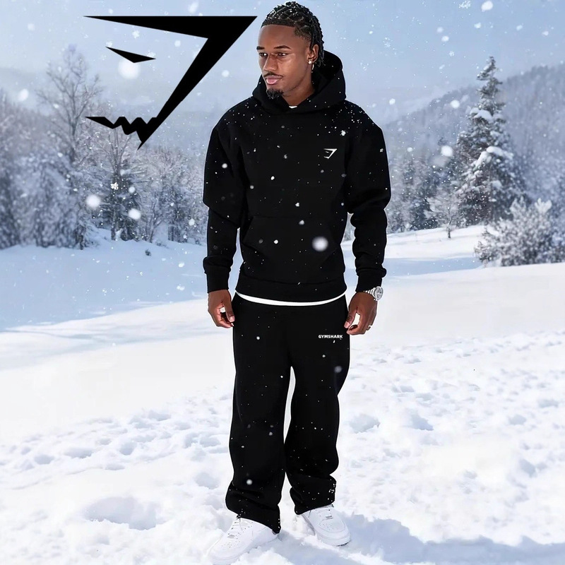 Gymshark Autumn and Winter Men's Warm Hooded Suit Casual Street Trendy Pullover Sweatshirt Pants Sports Fitness