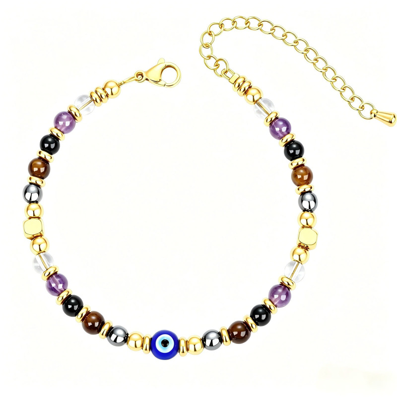 Cross-Border Best-Selling Natural Stone Stainless Steel Bracelet for Anxiety Relief, Triple Protection, Good Luck, and Healing Crystal Bracelet