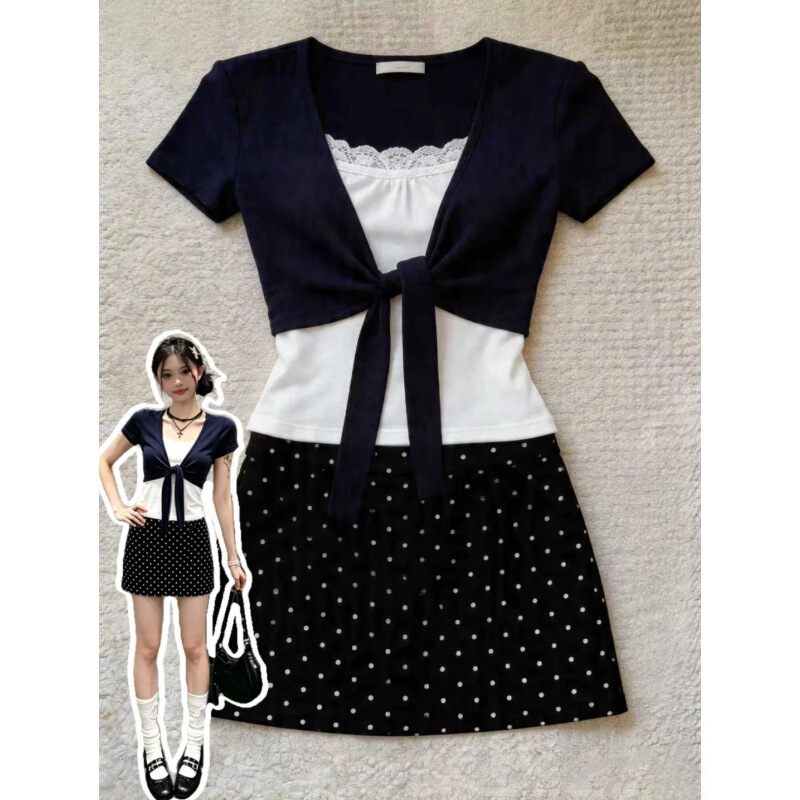 Korean Style Layered Two-Piece Set for Women, Summer Lace-Up Knit Cardigan, Lace Tube Top, Versatile Top, Bm Style Outfit Top Korean Style Layered Two-Piece Set for Women, Summer Lace-Up Knit Cardigan, Lace Tube Top, Versatile Top, Bm Style Outfit Top