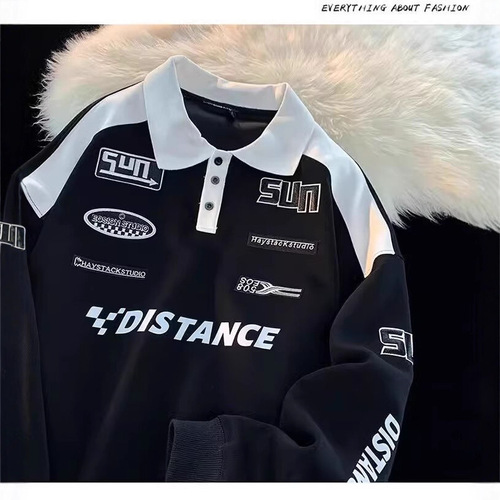American retro sweater men's  spring and autumn new style fashion brand polo shirt, long-sleeved Japanese lapel racing suit, fashionable top