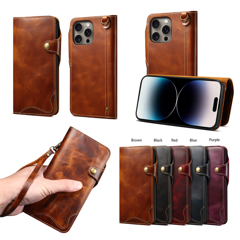 Denior Is Suitable for Iphone17Pro Mobile Phone Wallet Protective Case and Apple 16Plus Genuine Leather Wallet Phone Case