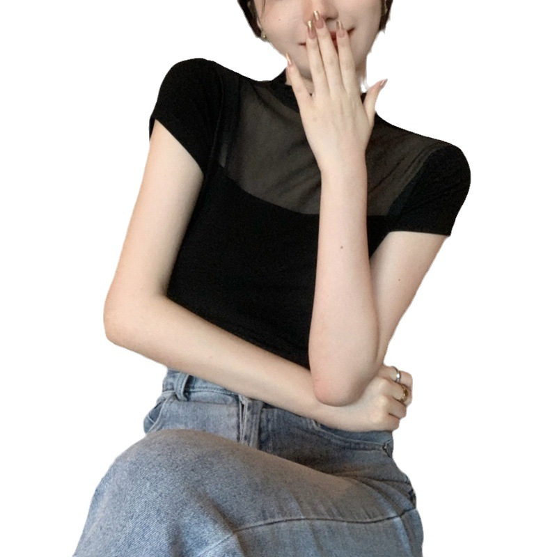 Malla negra micro encaje transparente costura camiseta diseño verano nueva chica caliente slim fit moda manga corta Top para mujeres