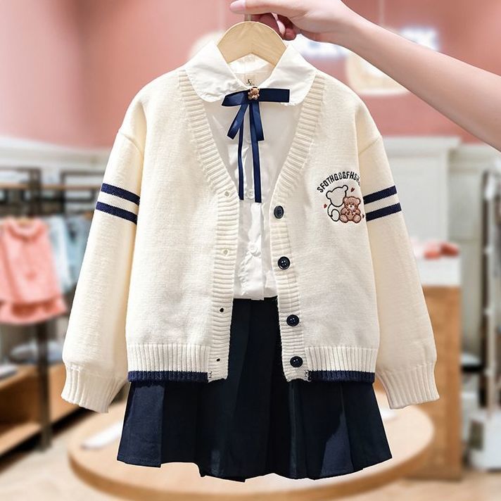 Japanese-Style Girls' Jk Uniform Set Skirt Autumn and Winter Children's Sweater Knit Cardigan Academy Style Three-Piece Student Outfit
