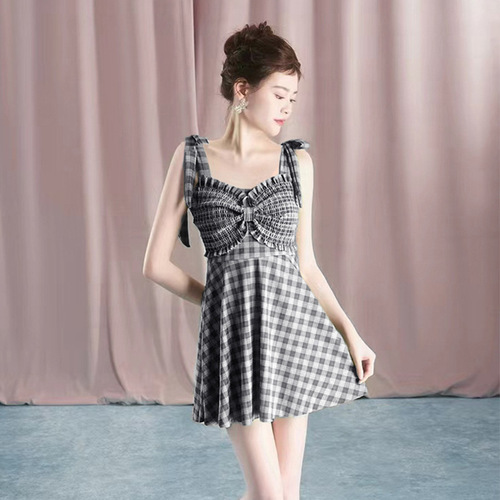 Women's High-End Summer Tankini Retro Checkered Skirt-Style Conservative Cover-Belly Slimming Elegant Vacation Swimwear