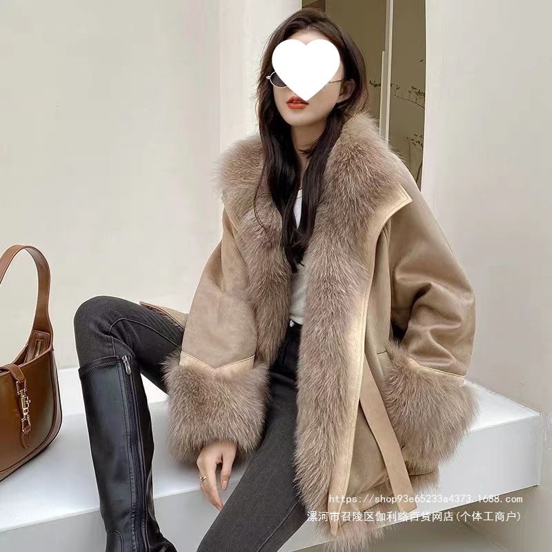 麂皮绒拼接狐狸毛皮草内胆派克服外套女中长款2026新款小个子年轻