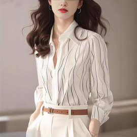 休闲法式白色印花翻领长袖衬衫女春秋新款通勤衬衣jk女款衬衣学生