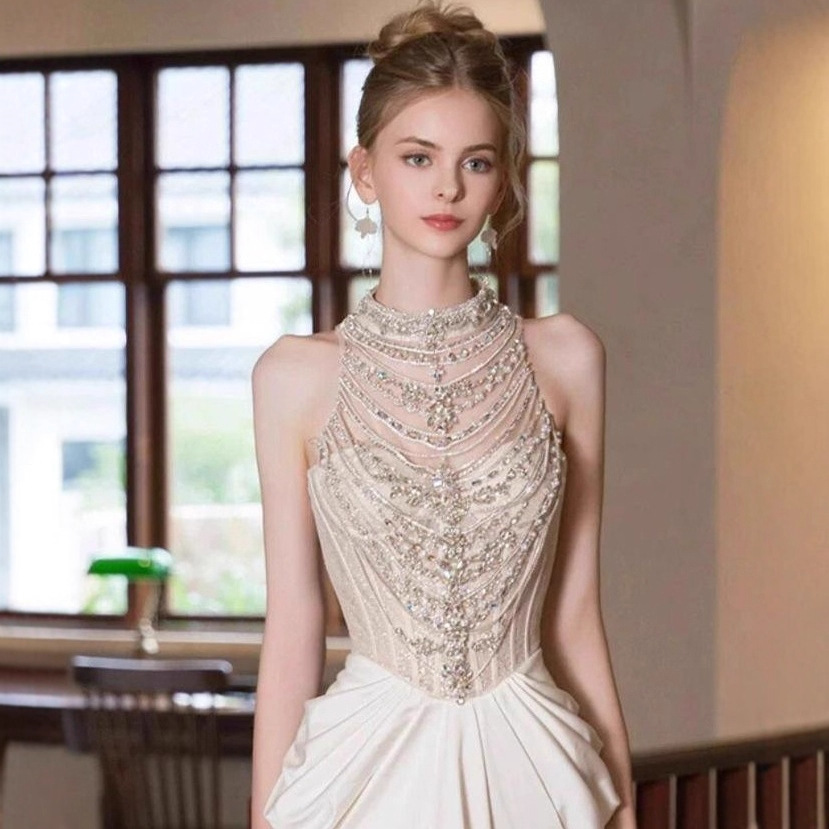 Halter-Neck Evening Dress, European and American High-End Banquet Slim-Fit Dress, Birthday Party Backless Slimming Socialite Dress