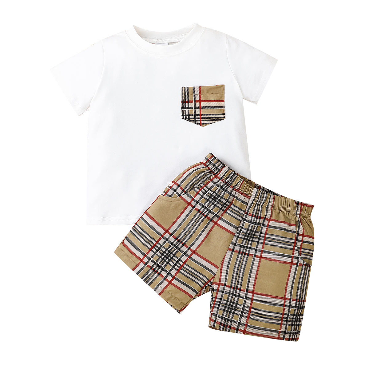 Summer New Boys Solid Short sleeved Top+Checkered Shorts Two piece Fashion Casual Set_voghion.com