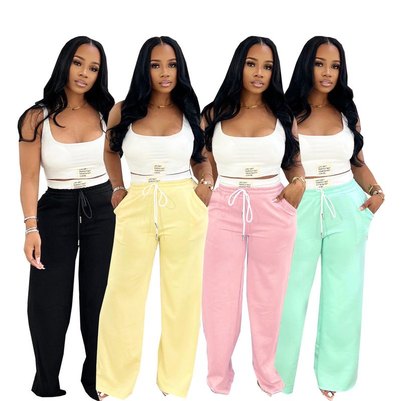 TW693 Cross-border European and American Fashion Design Label Sports Vest Women's High Waist Drawstring Wide Leg Pants suit Amazon TW693 Cross-border European and American Fashion Design Label Sports Vest Women's High Waist Drawstring Wide Leg Pants suit Amazon