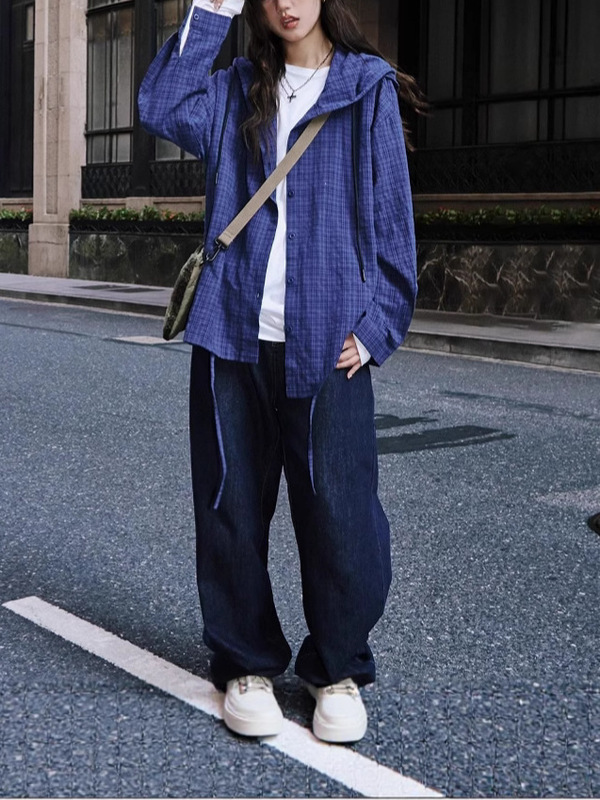 韩系连帽格子衬衫女2025夏季新款蓝色衬衣宽松慵懒风防晒长袖上衣|undefined