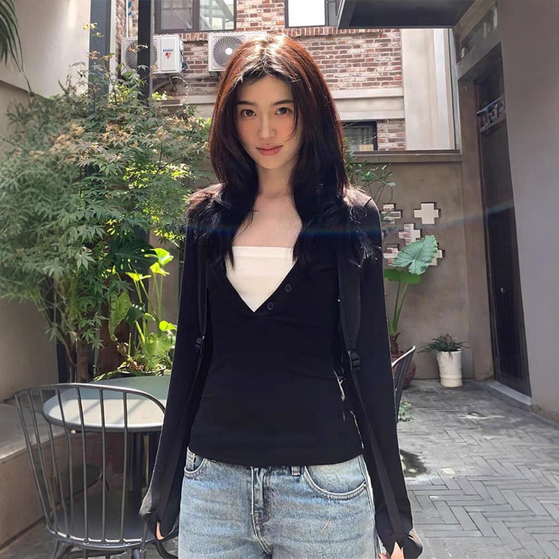 2025秋季假两件撞色长袖T恤女秋季修身显瘦打底衫百搭内搭上衣潮|undefined