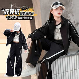 秋冬季女童套装2026新款休闲女孩韩系中大童撞色卡绳套装跨境童装