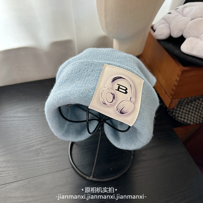 多色新款耳机贴布针织帽秋冬保暖日常百搭大头围宽松堆堆帽冷帽女|undefined