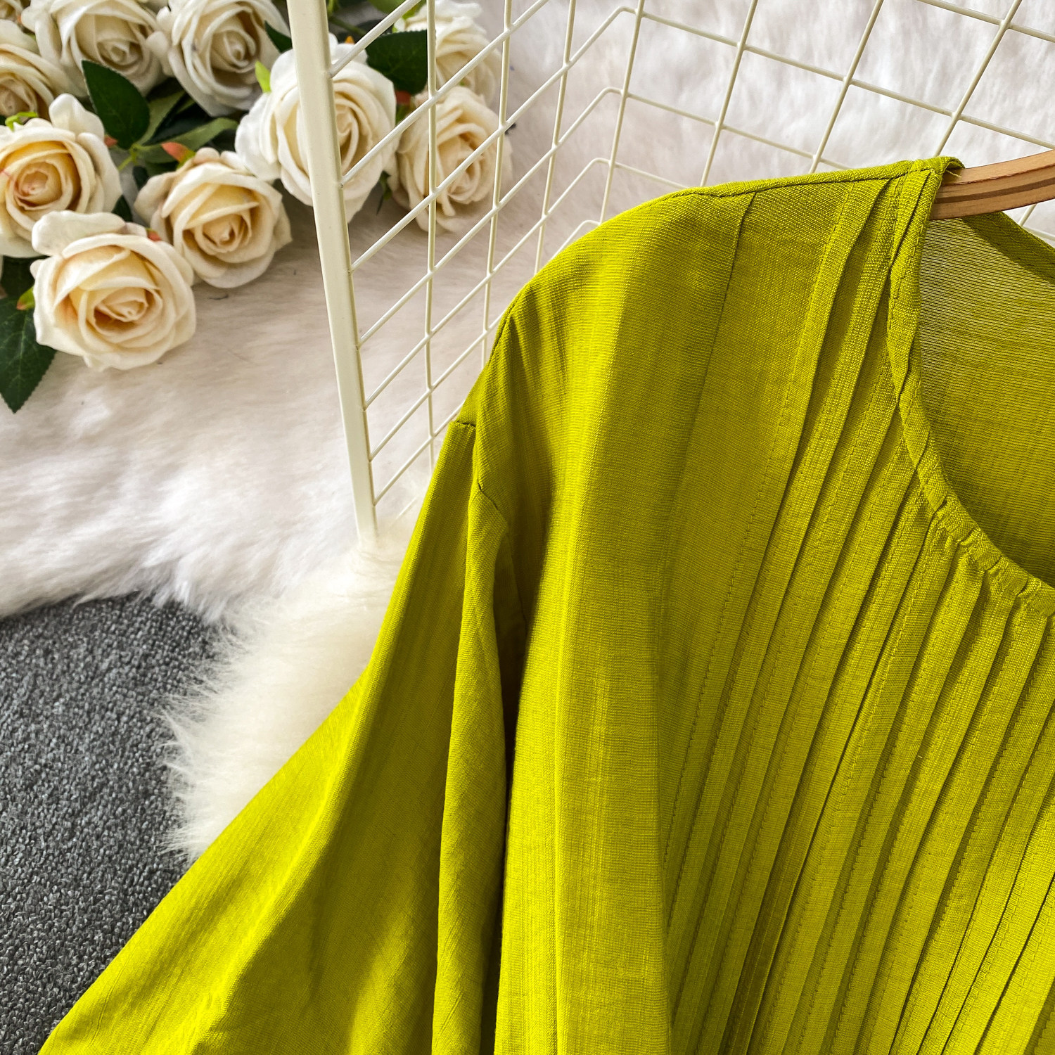 Elegant Pleated Round Neck Dress For Women Commuter Style Three Quarter Sleeve Slimming A-Line Long Skirt Casual Summer_ecoleips.com