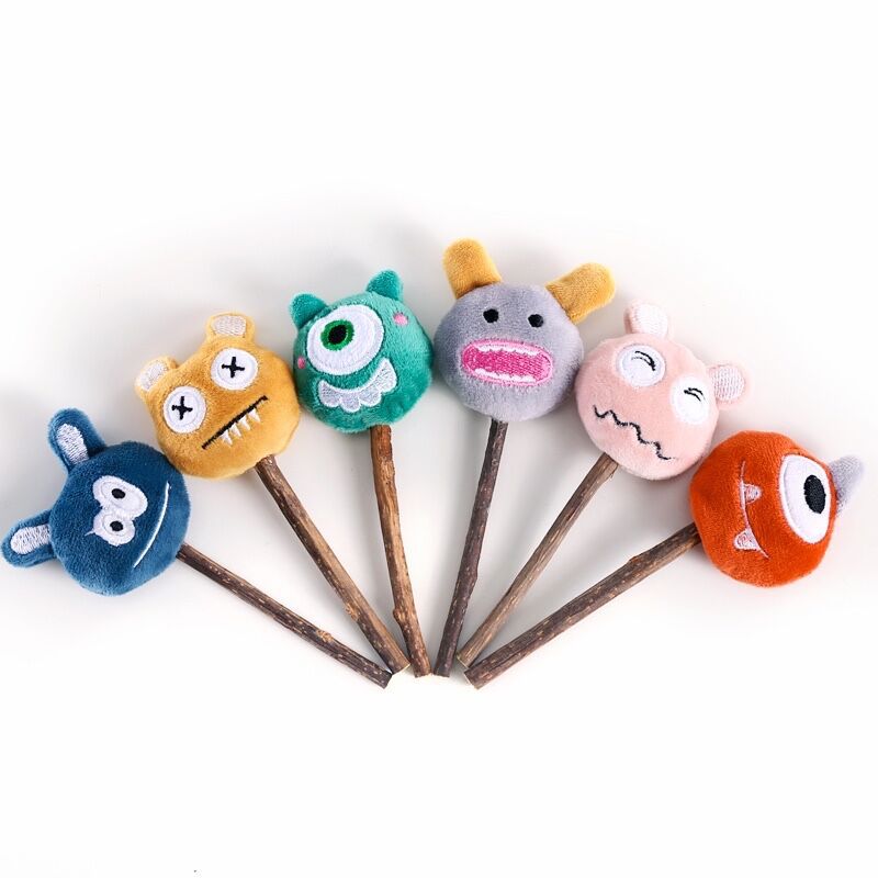 Mascota gato dientes molares limpieza auto-Hola pequeño monstruo campana de peluche juguete de madera cielo Liao piruleta mordedura palo