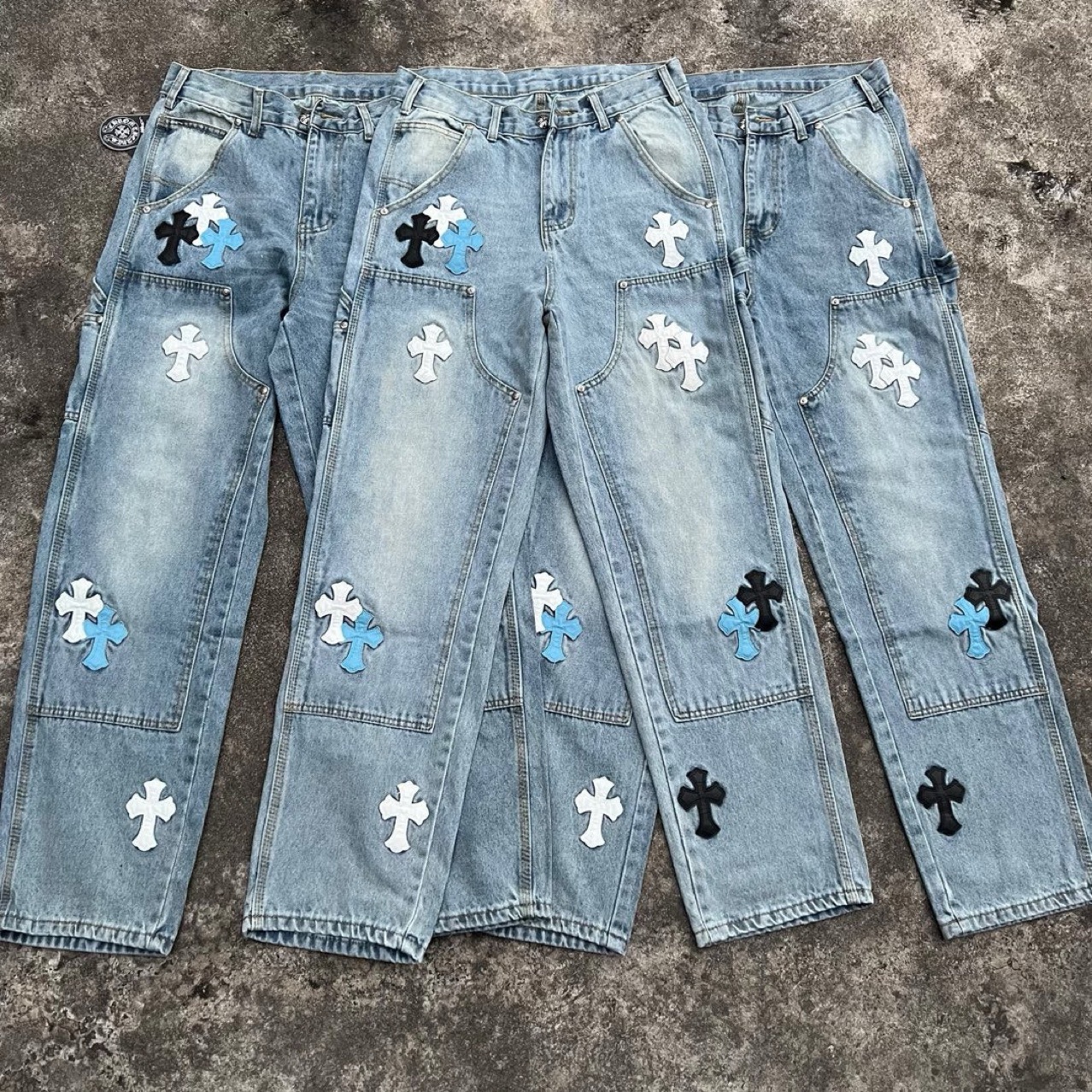 克罗秋冬潮牌三色十字拼皮牛仔工装伐木男童软牛仔裤SJF