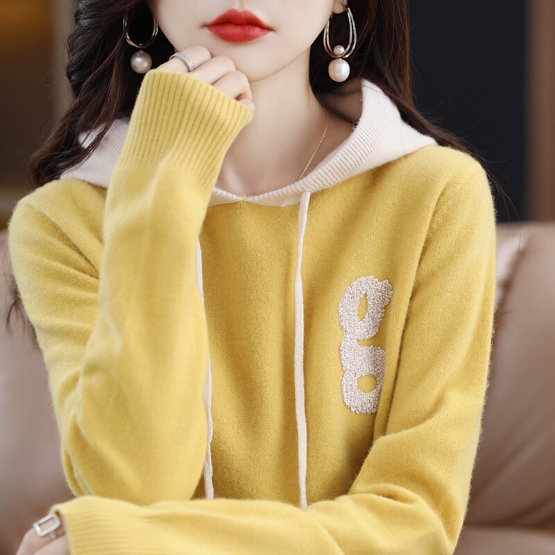 2026 Autumn/Winter New Women's Hooded Sweatshirt, Color Block Long Sleeve Ladies' Sweater, Loose Casual Top, Knitted Base Shirt 2026 Autumn/Winter New Women's Hooded Sweatshirt, Color Block Long Sleeve Ladies' Sweater, Loose Casual Top, Knitted Base Shirt