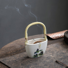 创意手提式盘香炉陶瓷檀香沉香提篮熏炉接灰香座香盘茶道家居摆件