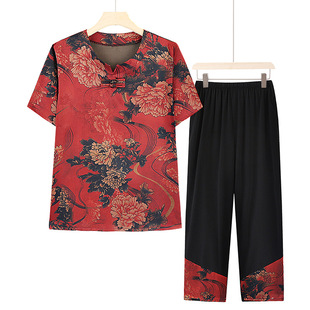 Summer Clothes for Middle-Aged and Elderly Women, Grandma's Imitation Silk Short-Sleeved T-Shirt Two-Piece Set, Western-Style Mother's Flower Clothes and Wife's Suit