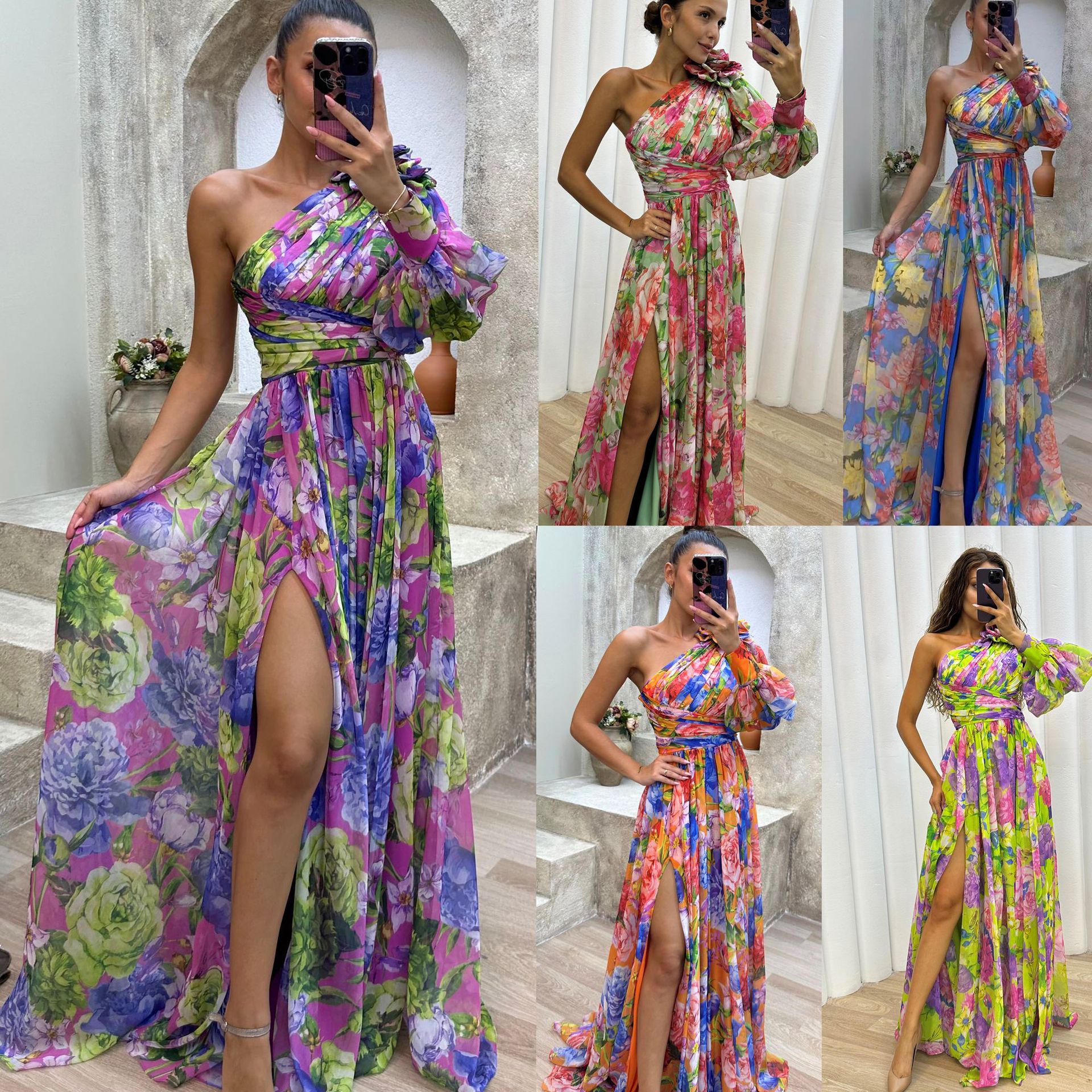 315g Weight Maxi Long Dress Dress Length Type Long Sleeve Sleeve Length Swing Dress Dresses Type Regular Sleeve Sleeve Type Polyester Fabric Type Mid Waist Waist Line Banquet, Party Occasion Oblique collar Neckline Regular Fit Fit Type Painted Flower , Flower Pattern Autumn Season Women's Gender Printing Design Sexy Style Wholesale Women's Sexy Printing Painted Flower  Flower Banquet Party Oblique Collar Long Sleeve Swing Dress 无