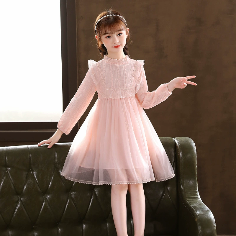 Платья для девочек, осенняя одежда, новинка 2025 года, стильные детские платья-принцессы для девочек, осенние сетчатые юбки в корейском стиле