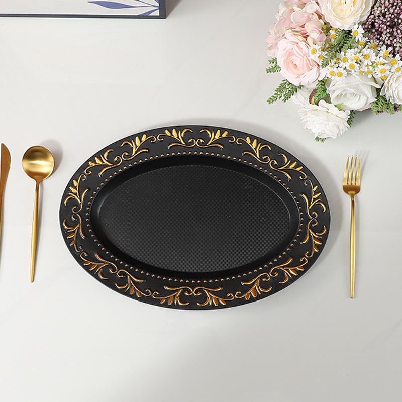 厂家直销家用盘子高品质塑料可重复使用餐具茶盘椭圆黑金盘