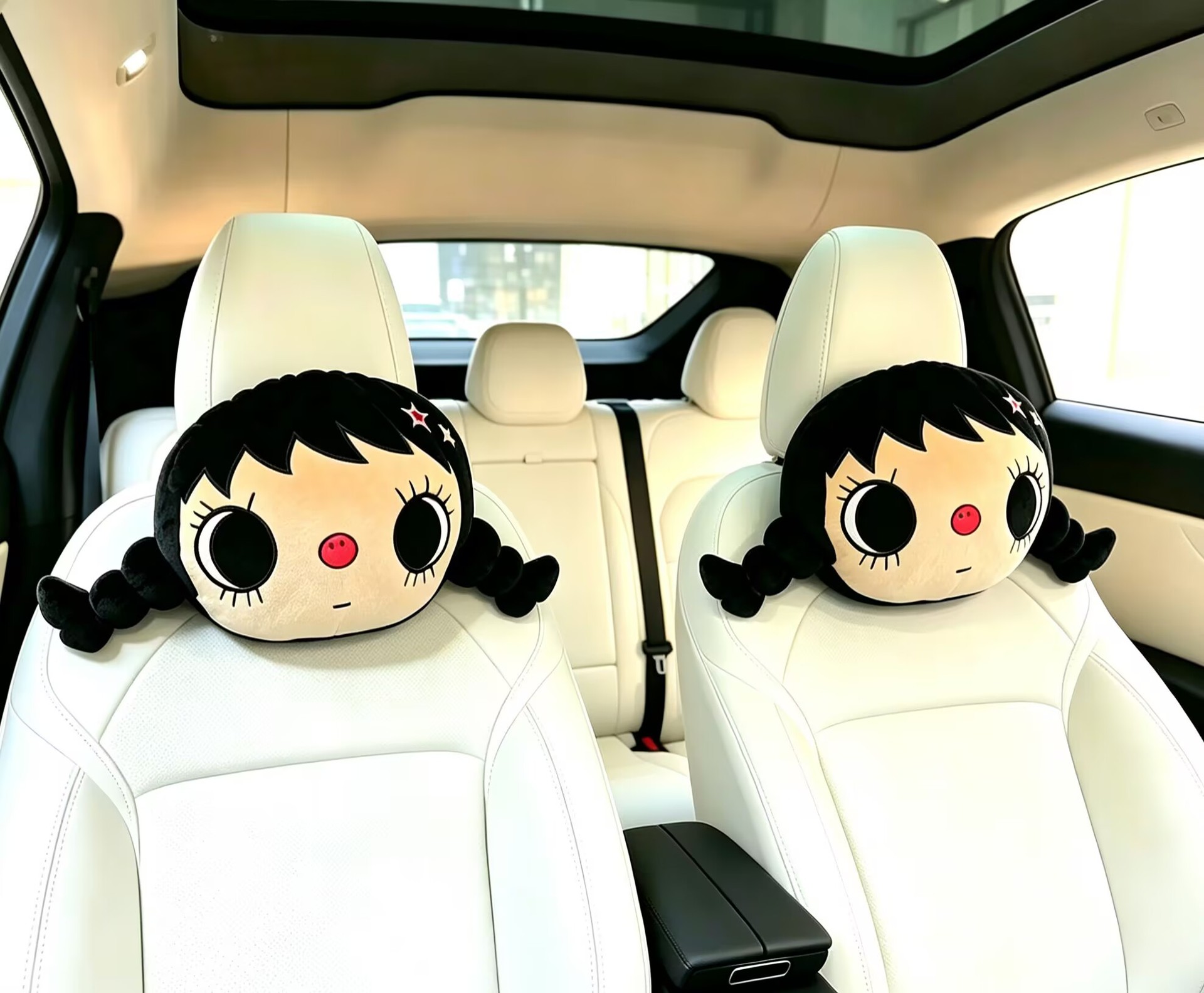 Trendy Big-Eyed Doll Car Headrest, Black Braided Girl Plush Neck Pillow, Internet Celebrity Style Throw Pillow