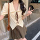 plus size Sweet and Spicy Polo Collar Strap Design Short Sleeve Shirt Summer New Puff Sleeve Chic Short Top