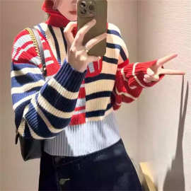 韩系针织条纹撞色半拉链高领毛衣女新款宽松慵懒风软糯针织衫上衣