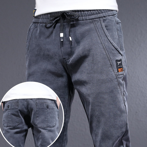 Work pants men's jeans autumn winter lined thick slim fit gray long pants versatile fashion brand labor protective workwear