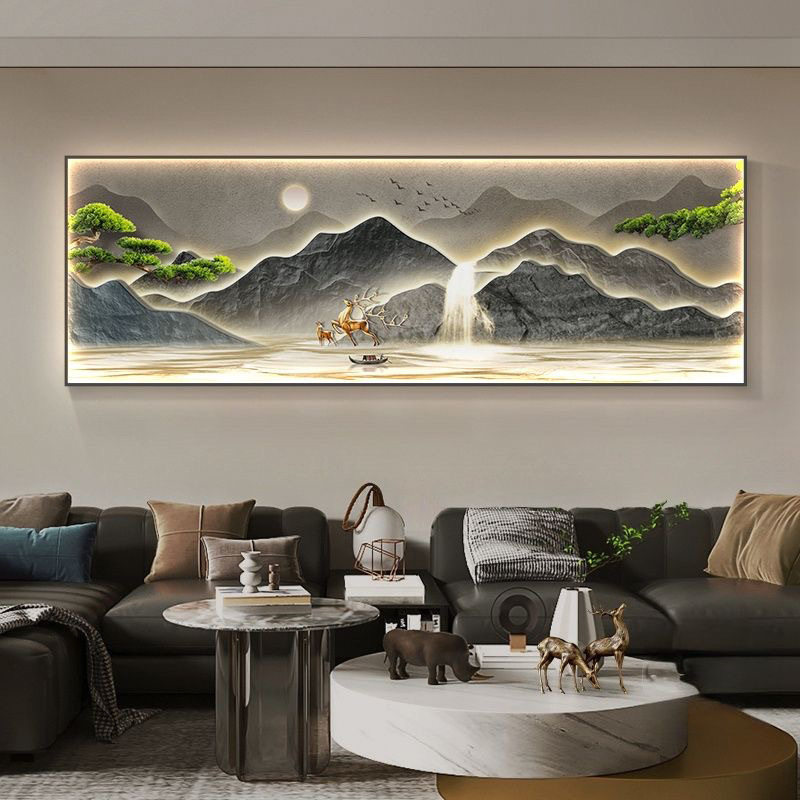 背有靠山新中式客厅装饰画麋鹿沙发背景墙挂画办公室山水风景壁画|undefined