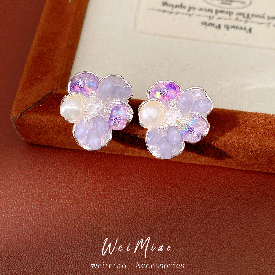 Agujas de plata flores de zircón perlas pequeñas perlas frescas temperamento dulce pendientes de moda ligero lujo alta sensación de auriculares al por mayor image 4