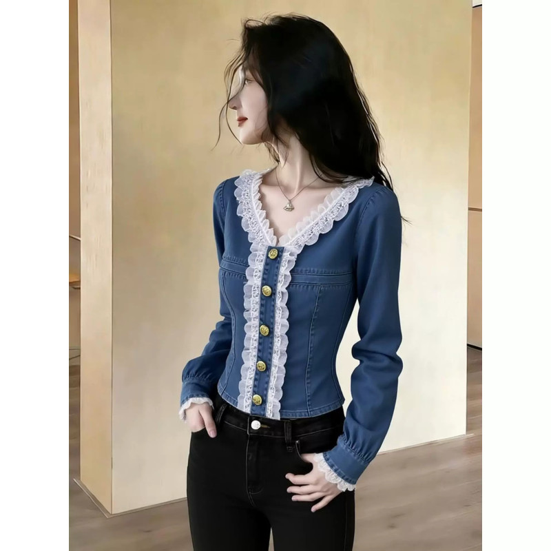 Blue Shirt for Women, Early Spring, High-End, Stylish, Unique, Beautiful, Perfect for Important Occasions, with a Cinched Waist and Lace Denim Top