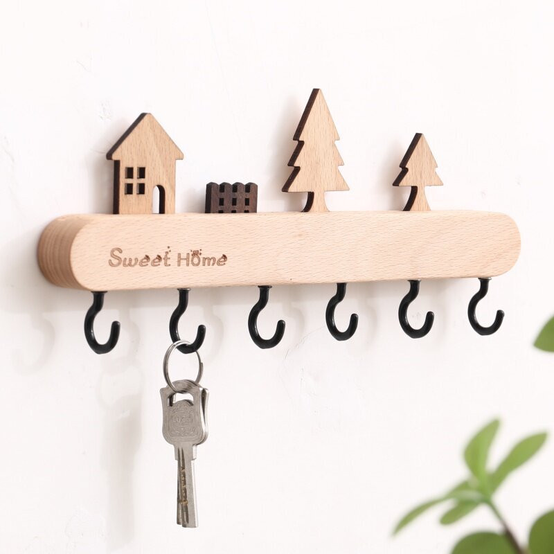 Creative wooden key hook, cute ins-style wall-mounted decorative hook for entryway and doorway storage rack Creative wooden key hook, cute ins-style wall-mounted decorative hook for entryway and doorway storage rack