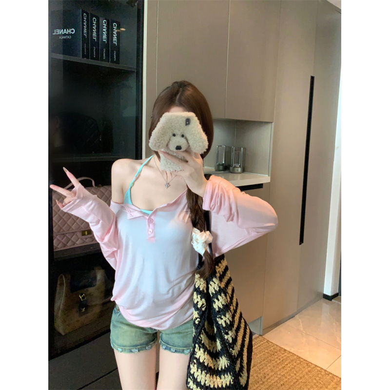 Spring and Summer New Style Pure Desire Sweet Spicy Girl Peach Layered Off-Shoulder Sun Protection Cover-Up + Camisole Two-Piece Set for Women Spring and Summer New Style Pure Desire Sweet Spicy Girl Peach Layered Off-Shoulder Sun Protection Cover-Up + Camisole Two-Piece Set for Women