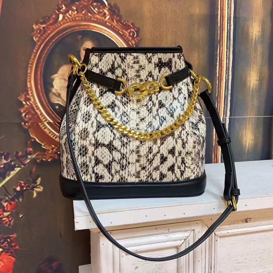 2025 Light luxury leather ladies bucket bag snake skin rare leather…