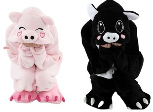 Autumn and Winter Home Clothes Cute Cartoon Animal One-piece Pajamas Flannel Pig Black Pig Couple Home Clothes for Men and Women
