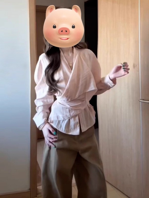 韩系交叉绑带粉色衬衫女早秋季不规则设计感衬衣薄款收腰长袖上衣|undefined