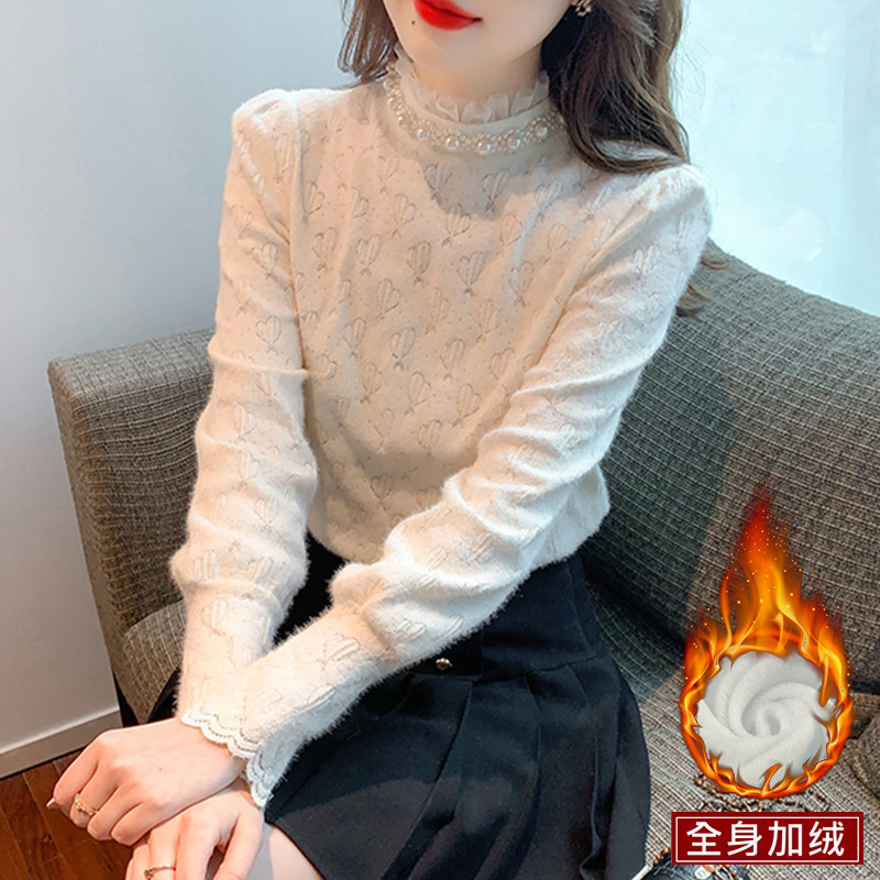 Half Turtleneck Beaded Fleece-Lined Lace Bottoming Shirt for Women Autumn and Winter 2025 New Style Inner Top and Stylish Shirt That Can Be Worn Outside