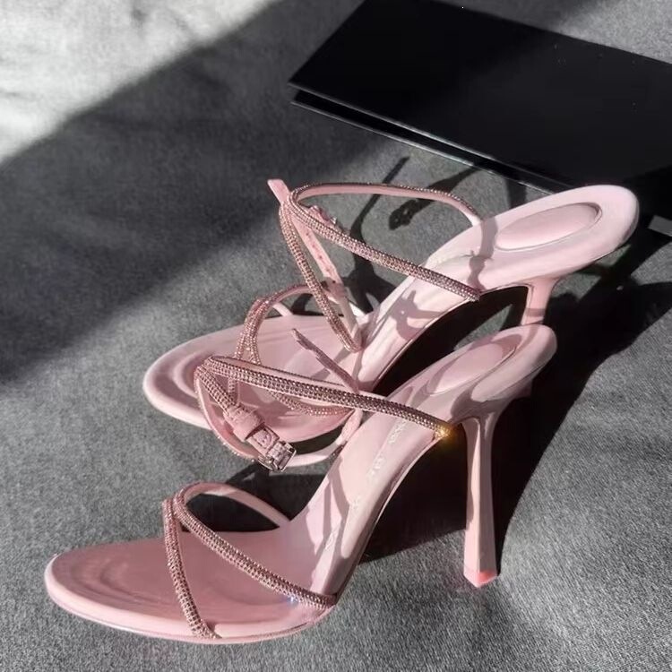 2026 Spring and Summer New Style Rhinestone Letter Buckle Strap Open-Toe Sandals for Women Pink Sexy Fairy Stiletto High Heels