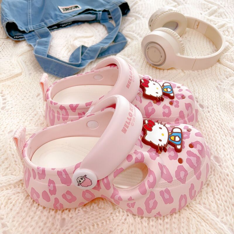 7cm Thick-Soled Hello Kitty Clogs Sanrio Official Collaboration Kt Cat Cute Leopard Print Height-Increasing Sandals