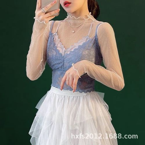 378 Spring and Autumn New Hyuna Black Lace Fairy Top for Women with Hollow Long Sleeves and a See-through Thin Bottoming Top