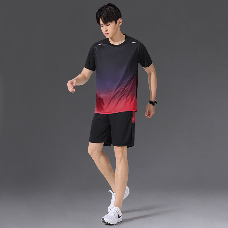 スポーツスーツメンズ速乾性アイスシルク Tシャツ半袖ショーツランニング新しい夏のフィットネス服バドミントン服|undefined