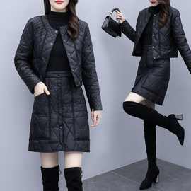 J7H2023冬季新款韩版时尚名媛小香风套装裙气质羽绒棉服两件套女